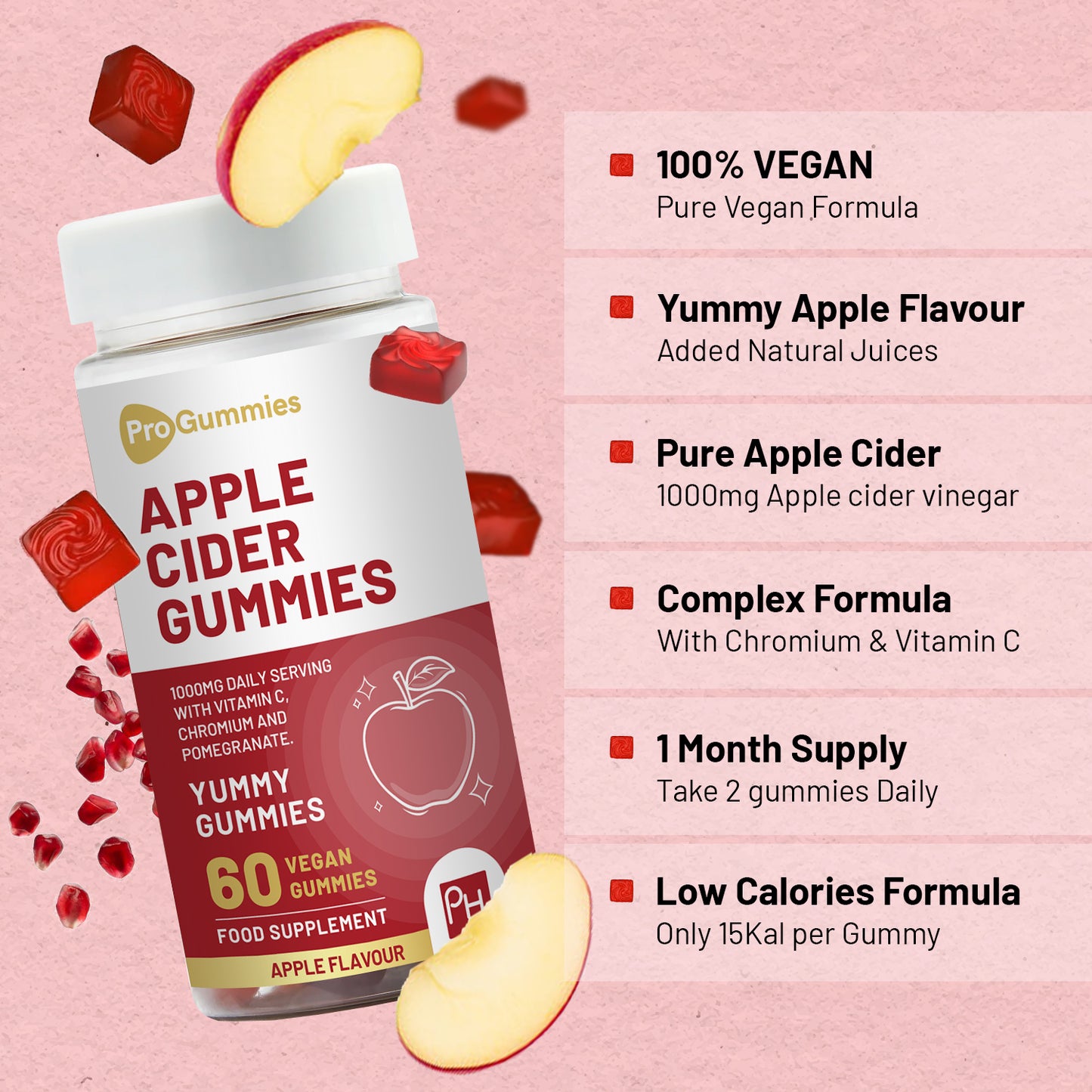 Vegan Apple Cider Vinegar Gummies | Apple Flavour | High Strength 1000mg with Vitamin C, Chromium and Pomegranate