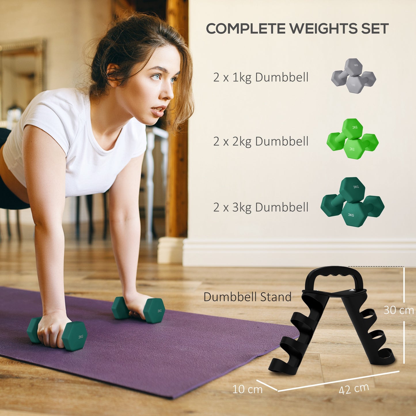 SPORTNOW Dumbbells Set with Carry Storage Rack, 2 x 1kg, 2 x 2kg, 2 x 3kg