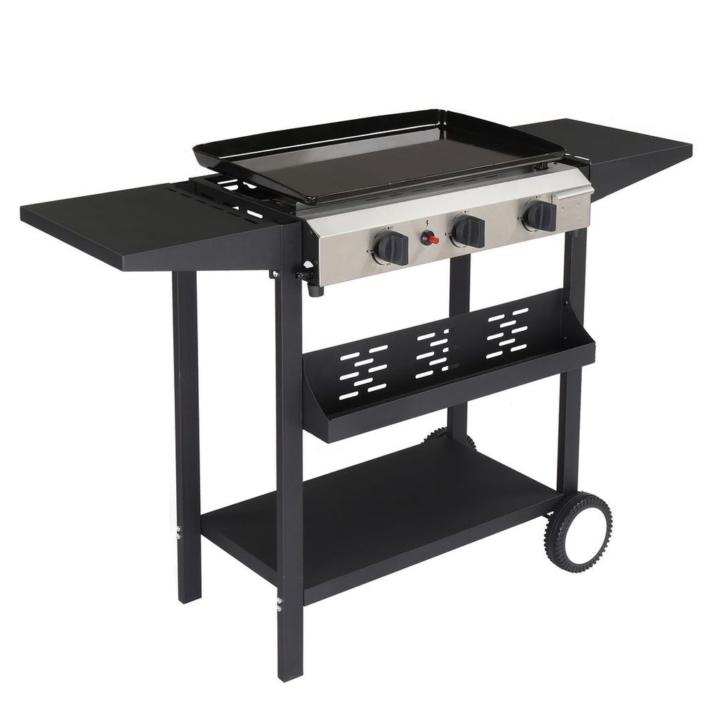 3-Burner Flat Top Gas Griddle Cooking Station with Ceramic Coated Cast Iron Pan, 30,000 BTU Propane Fuelled Griddle Station with Side Shelves & Spice Rack for Outdoor Barbecue Backyard Cookout