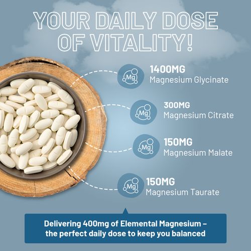 Magnesium Glycinate Complex 4 in 1 - 2000mg per serving | Precise 400mg Elemental Magnesium dose