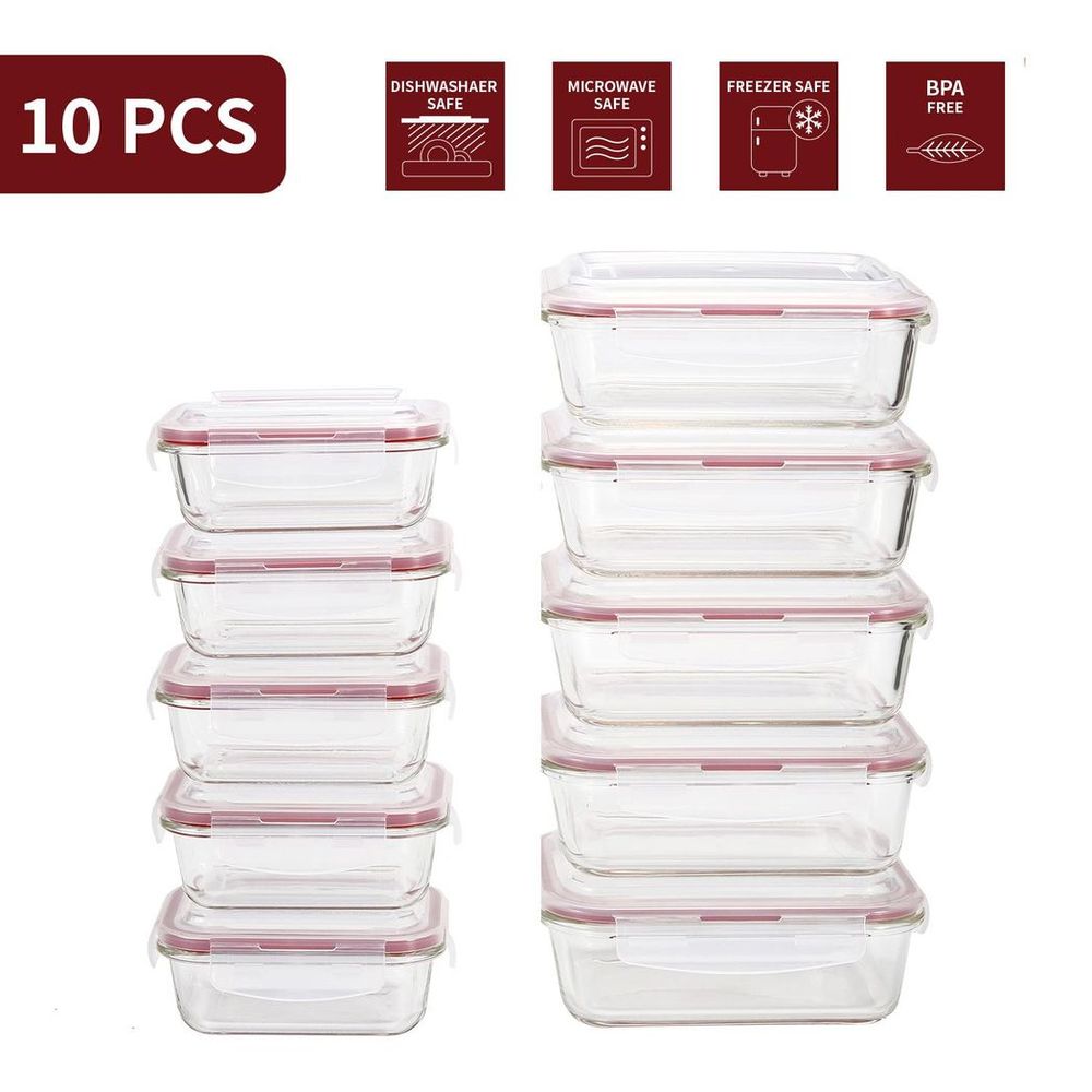 Vinsani Glass Food Storage 10-Pack Containers Rectangle Food Meal Prep Lunch Boxes with Lids Airtight Heat Resistant Leakproof Lid BPA-Free Dishwasher Microwave Oven Freezer Safe