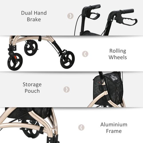 HOMCOM Lightweight Aluminium 3-Wheel Rollator with Adjustable Handle Storage Bag