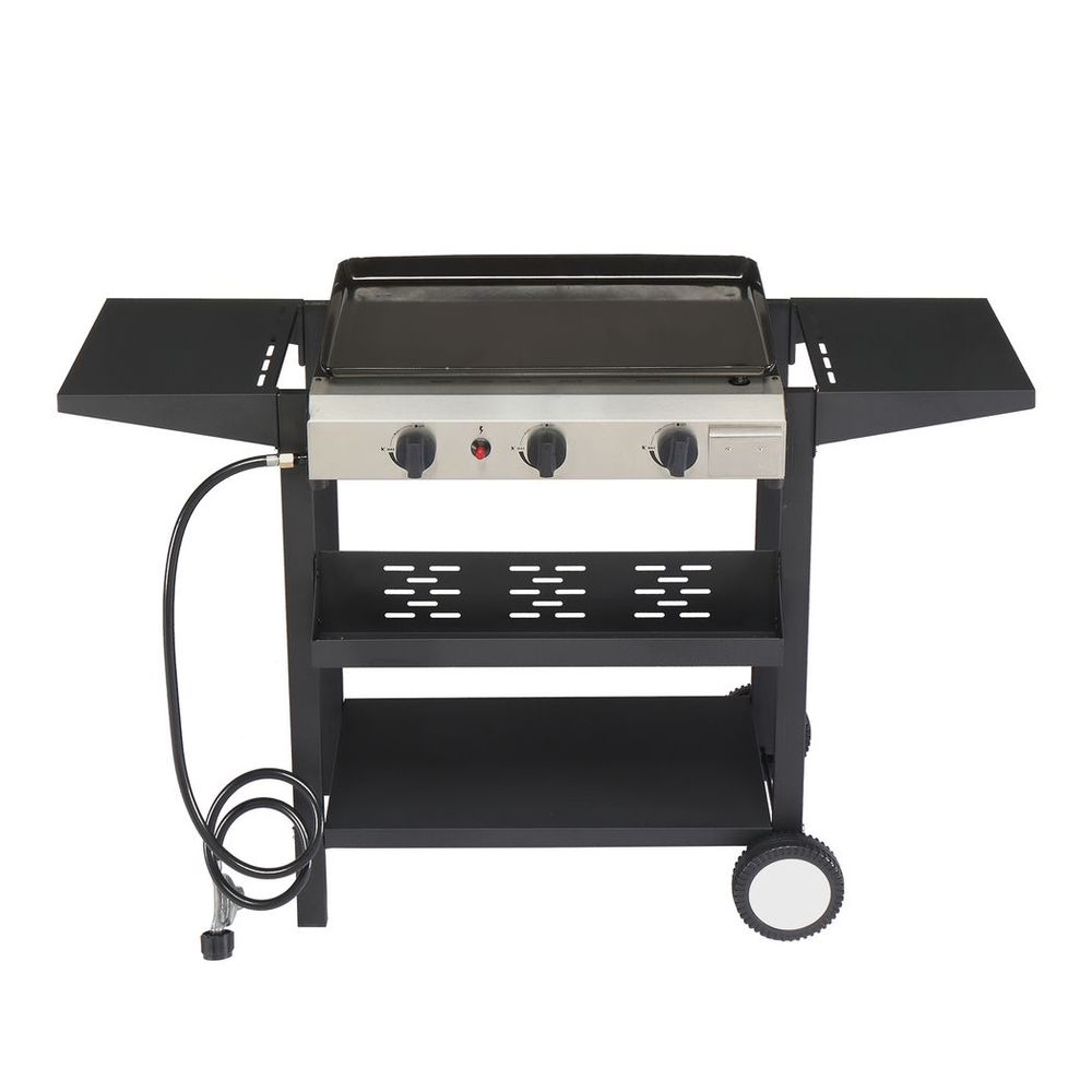 3-Burner Flat Top Gas Griddle Cooking Station with Ceramic Coated Cast Iron Pan, 30,000 BTU Propane Fuelled Griddle Station with Side Shelves & Spice Rack for Outdoor Barbecue Backyard Cookout