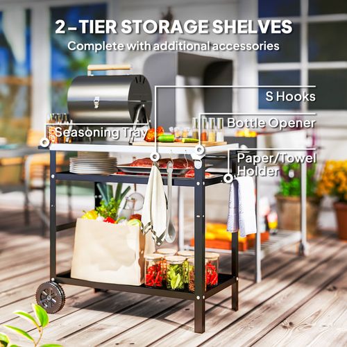 Outsunny BBQ Trolley with Stainless Steel Top, Movable Pizza Table, Black