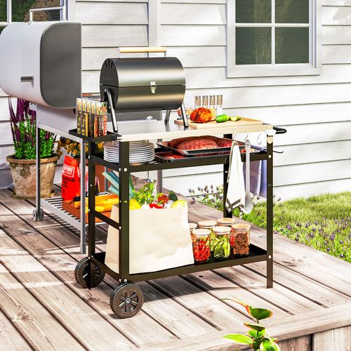 Outsunny BBQ Trolley with Stainless Steel Top, Movable Pizza Table, Black
