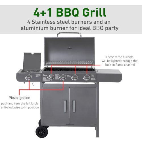 Outsunny Gas BBQ Grill 4 + 1 Stainless Steel Burner Garden Barbecue Cooker