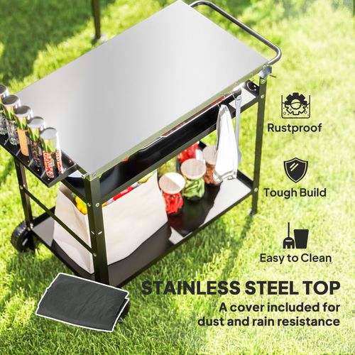 Outsunny BBQ Trolley with Stainless Steel Top, Movable Pizza Table, Black