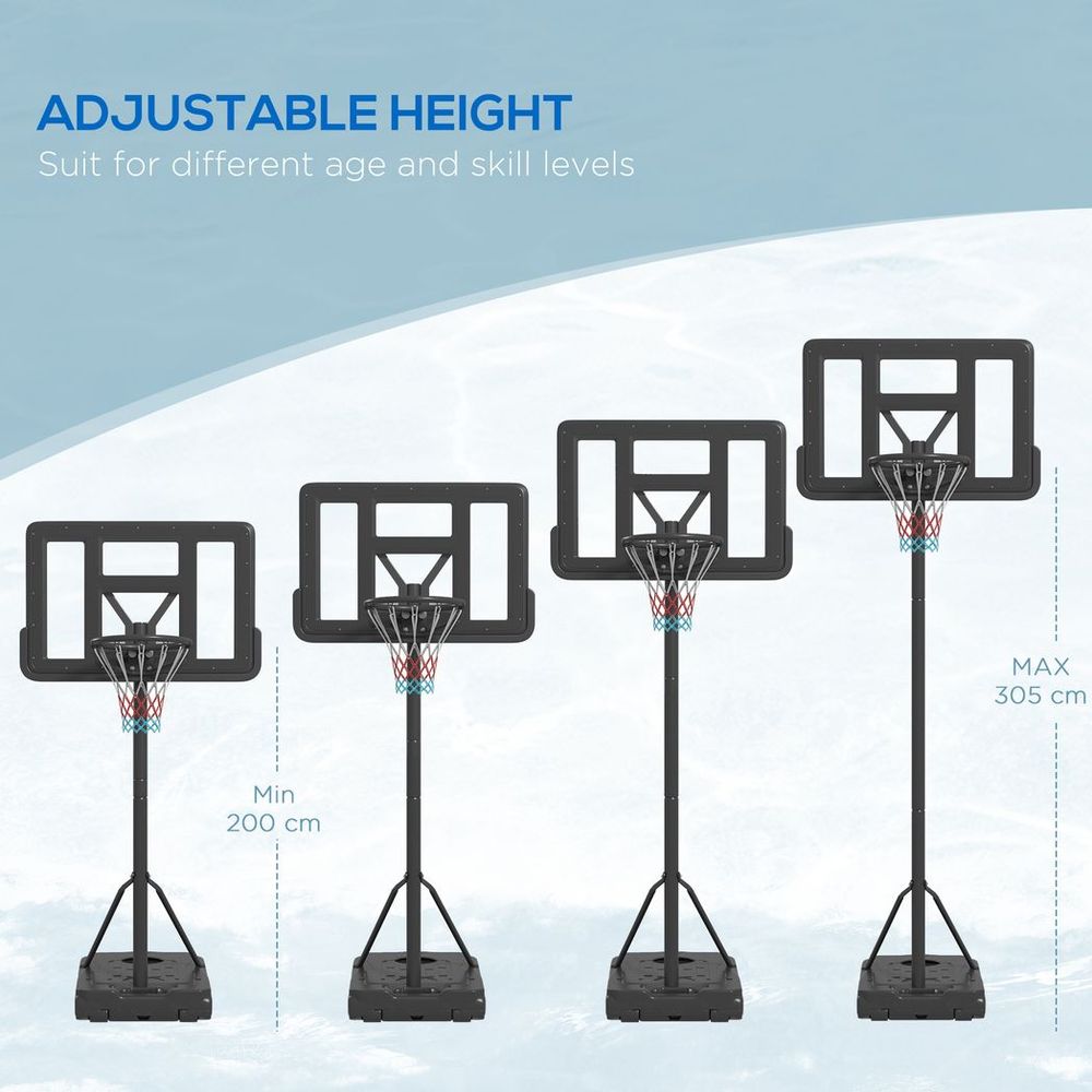 SPORTNOW Basketball Backboard Hoop Net Set with Wheels, 200-305cm, Black