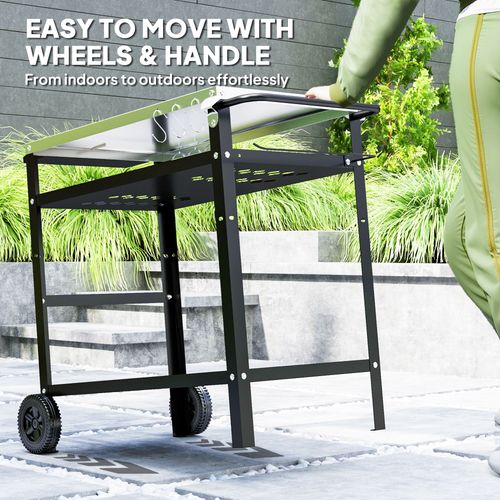 Outsunny BBQ Trolley with Stainless Steel Top, Movable Pizza Table, Black