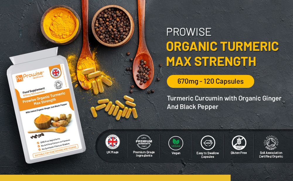 Organic Turmeric Curcumin with added Black Pepper & Ginger 670mg 120 Capsules Certified Organic by Soil Association