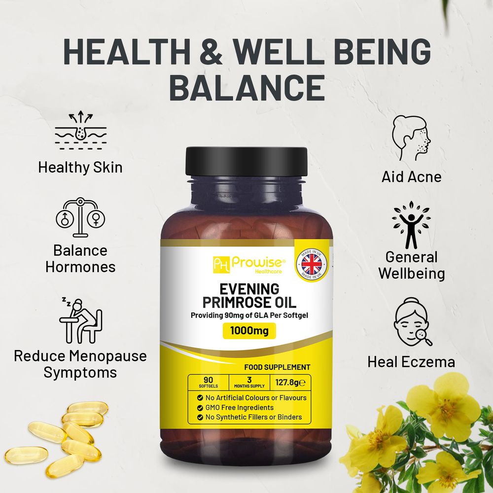 Evening Primrose Oil 1000mg | 90 Softgel Capsules | Pure Cold Pressed I 90mg GLA per Capsule I Halal Friendly