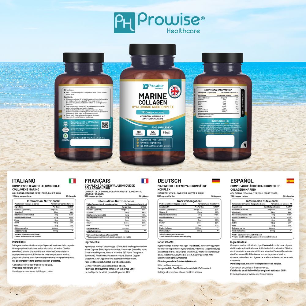 Marine Collagen with Hyaluronic Acid Complex 1100mg 90 Capsules I For Women and Men I Made in UK by Prowise