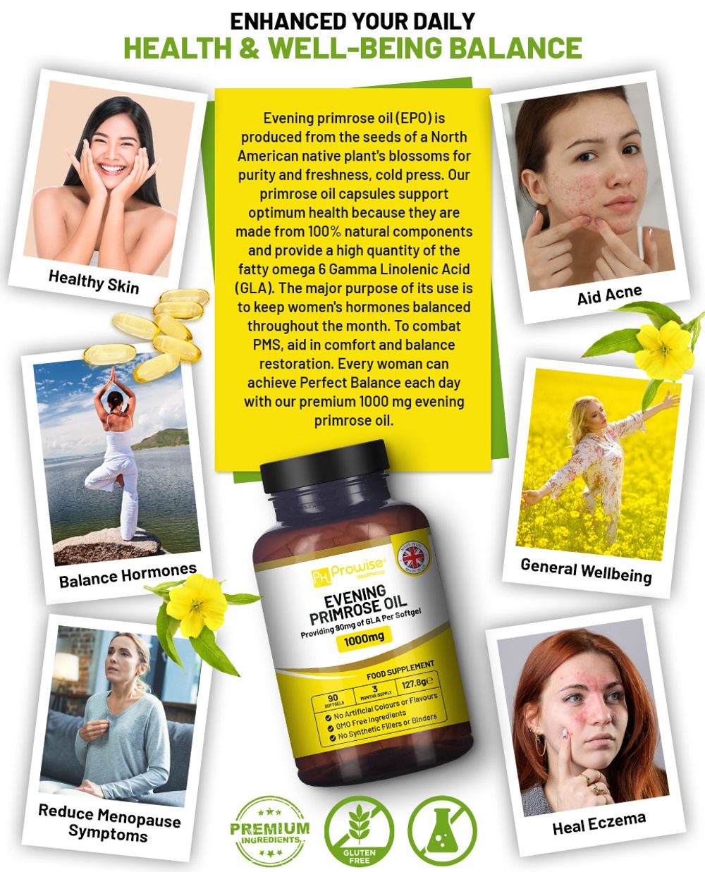Evening Primrose Oil 1000mg | 90 Softgel Capsules | Pure Cold Pressed I 90mg GLA per Capsule I Halal Friendly