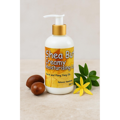 Shea Butter Creamy Lotion for Body (250ml) with Neroli and Ylang Ylang Essential Oils. Great Moisturising Lotion for Stretchmarks and Dry Skin