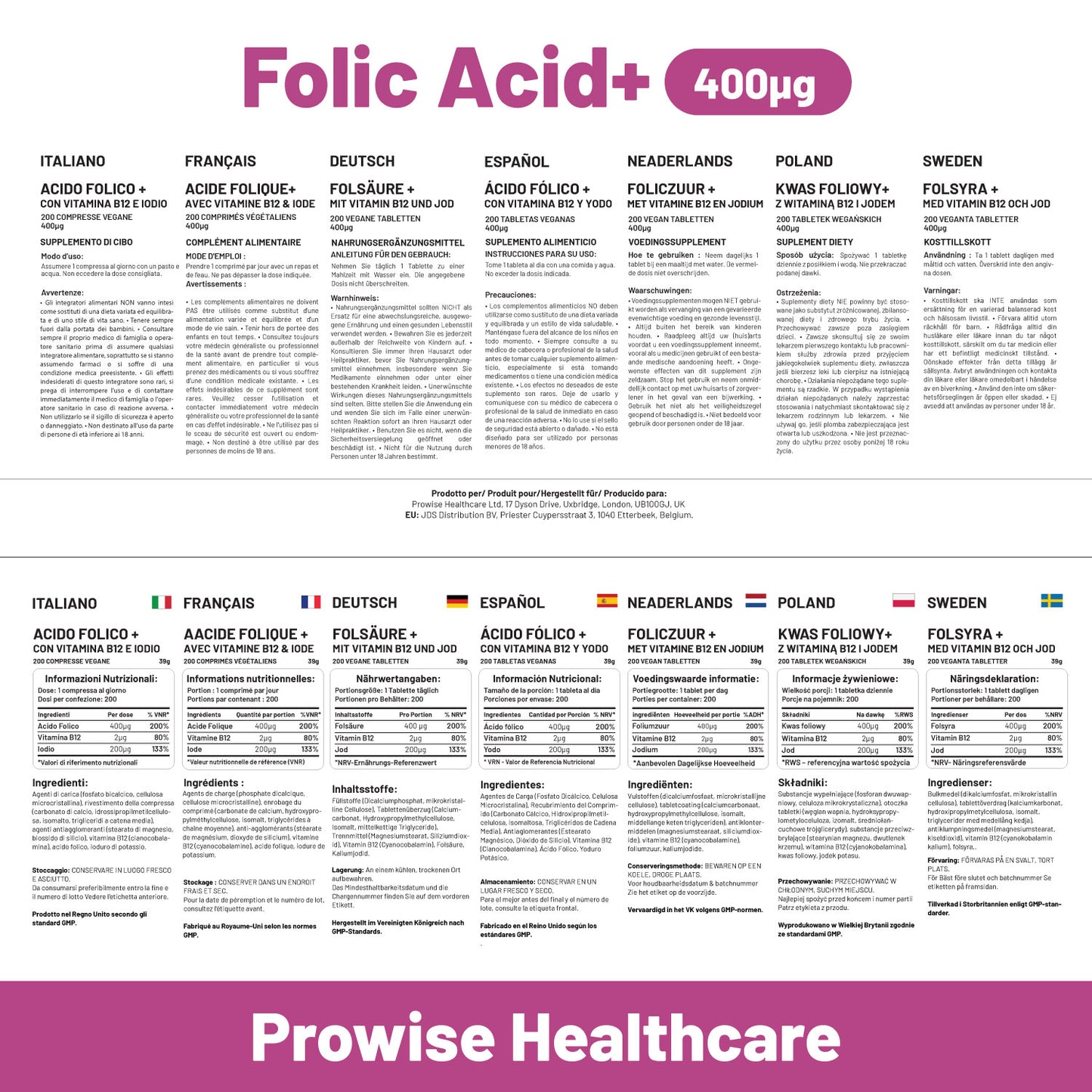 Folic Acid Tablets 400 mcg - 400 Vegan Vitamin B9 Tablets