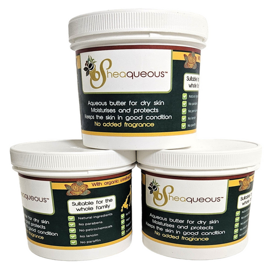 3 Pots of Sheaqueous Aqueous Cream with Shea Butter, Almond Oil, cocoa butter, vitamin E. A natural aqueous cream for very dry skin, for Sensitive Skin, Children, Eczema prone skin , Use in Pregnancy for expanding tummy NO ADDED FRAGRANCE