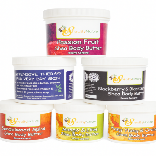 SheaByNature 6-Pot Body Butter Set – 250ml Natural Shea Butter Moisturisers for Dry Skin (Mango & Lime, Passion Fruit, Blackberry Blackcurrant, Neroli Lavender, Sandalwood Spice, Ylang Ylang Orange)