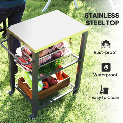 Outsunny 3-Shelf Outdoor Grill Cart, Outdoor Kitchen w/ Stainless Steel Top