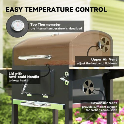 Outsunny Charcoal BBQ Grill with Warming Rack 3 Shelves Temperature Gauge