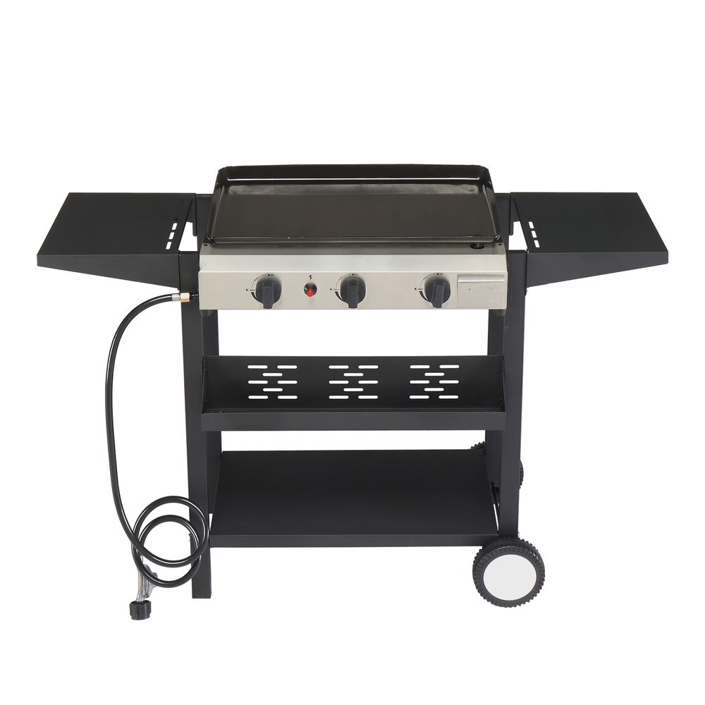 3-Burner Flat Top Gas Griddle Cooking Station with Ceramic Coated Cast Iron Pan, 30,000 BTU Propane Fuelled Griddle Station with Side Shelves & Spice Rack for Outdoor Barbecue Backyard Cookout