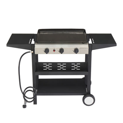 3-Burner Flat Top Gas Griddle Cooking Station with Ceramic Coated Cast Iron Pan, 30,000 BTU Propane Fuelled Griddle Station with Side Shelves & Spice Rack for Outdoor Barbecue Backyard Cookout