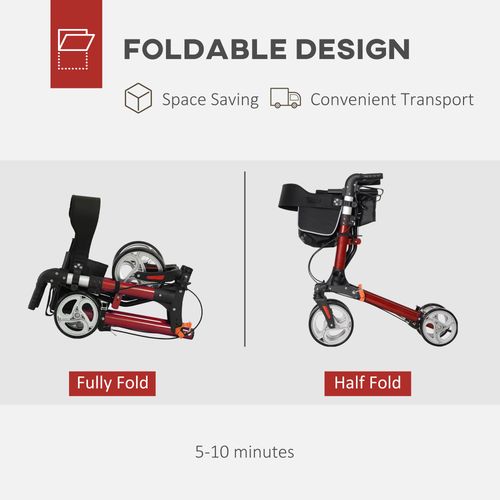 HOMCOM Fully Folding Rollator Walker with Seat, Backrest, Bag, Red