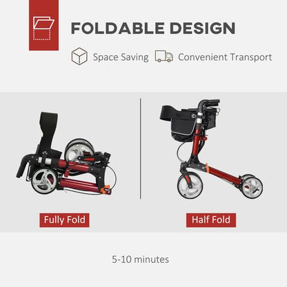 HOMCOM Fully Folding Rollator Walker with Seat, Backrest, Bag, Red