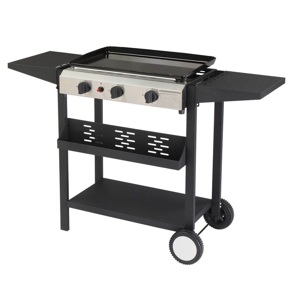 3-Burner Flat Top Gas Griddle Cooking Station with Ceramic Coated Cast Iron Pan, 30,000 BTU Propane Fuelled Griddle Station with Side Shelves & Spice Rack for Outdoor Barbecue Backyard Cookout