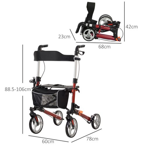 HOMCOM Fully Folding Rollator Walker with Seat, Backrest, Bag, Red