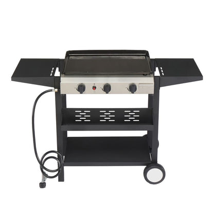3-Burner Flat Top Gas Griddle Cooking Station with Ceramic Coated Cast Iron Pan, 30,000 BTU Propane Fuelled Griddle Station with Side Shelves & Spice Rack for Outdoor Barbecue Backyard Cookout
