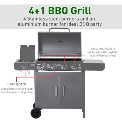 Outsunny Gas BBQ Grill 4 + 1 Stainless Steel Burner Garden Barbecue Cooker