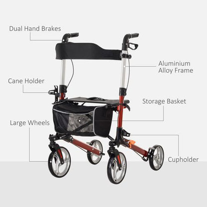 HOMCOM Fully Folding Rollator Walker with Seat, Backrest, Bag, Red