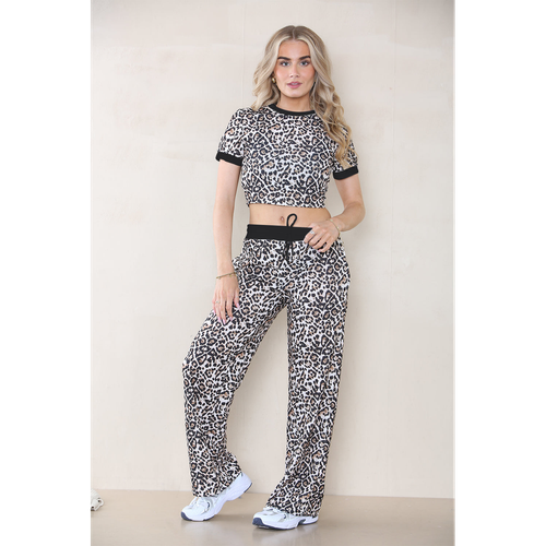 Leopard Print Ribbed Contrast Wide Leg Flared Trousers And Top TRS Cropped Set