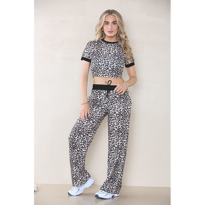 Leopard Print Ribbed Contrast Wide Leg Flared Trousers And Top TRS Cropped Set