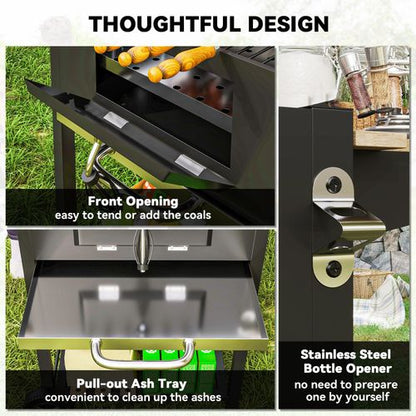 Outsunny Charcoal BBQ Grill with Warming Rack 3 Shelves Temperature Gauge
