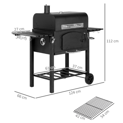 Outsunny Charcoal Grill BBQ Trolley w/ Adjustable Charcoal Height & Thermometer