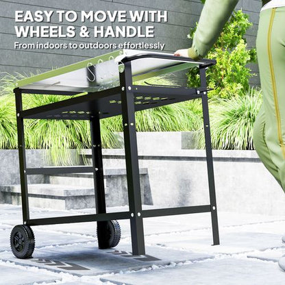 Outsunny BBQ Trolley with Stainless Steel Top, Movable Pizza Table, Black