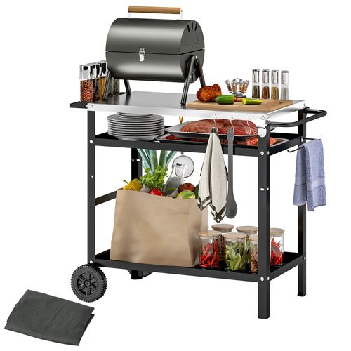 Outsunny BBQ Trolley with Stainless Steel Top, Movable Pizza Table, Black